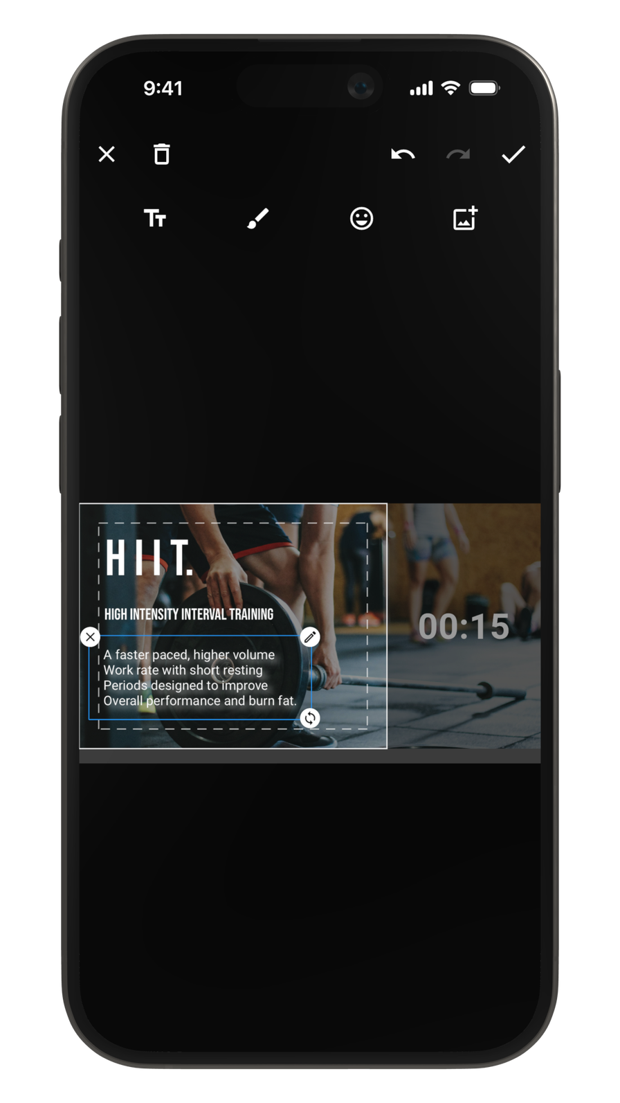 CloudFit Whiteboard Canvas Editor showing editable text on a gym workout display preview