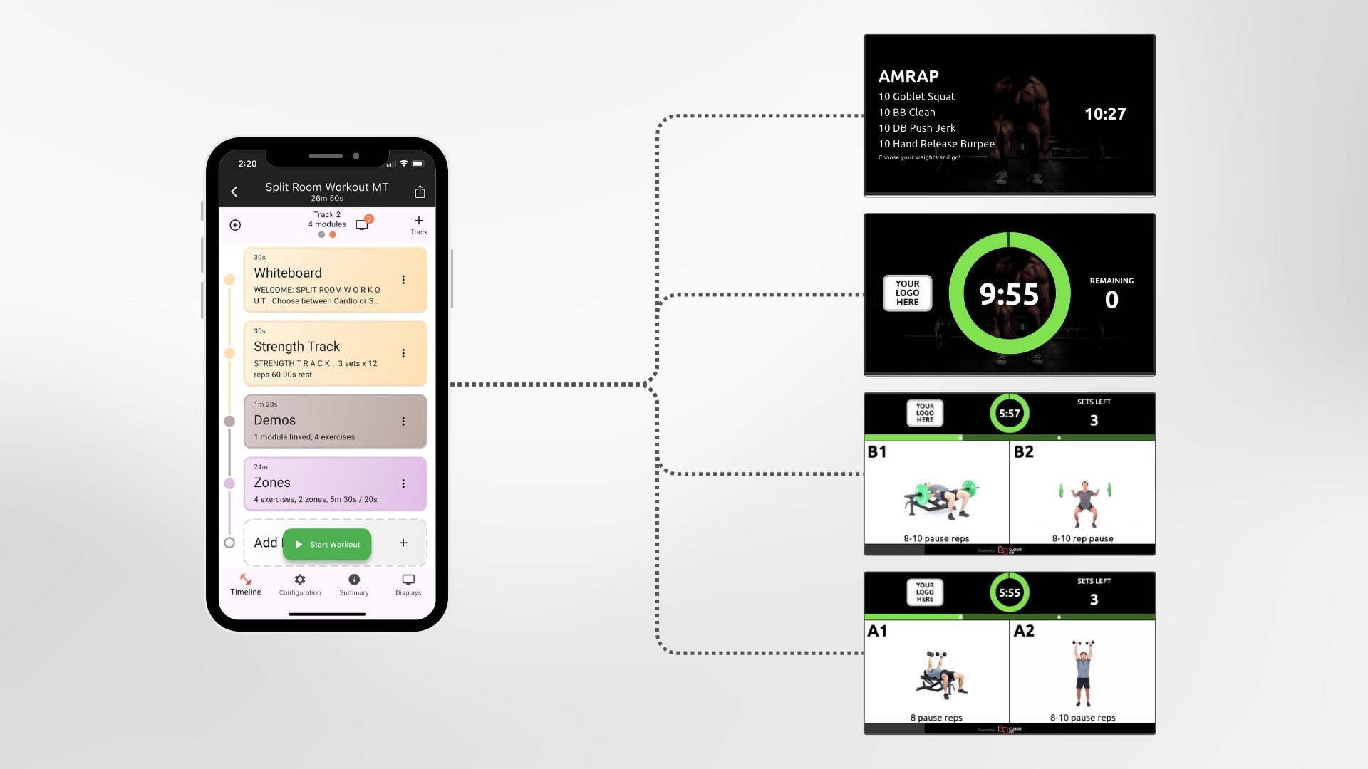 Diagram showing CloudFit controller app connecting to multiple CloudFit TV apps