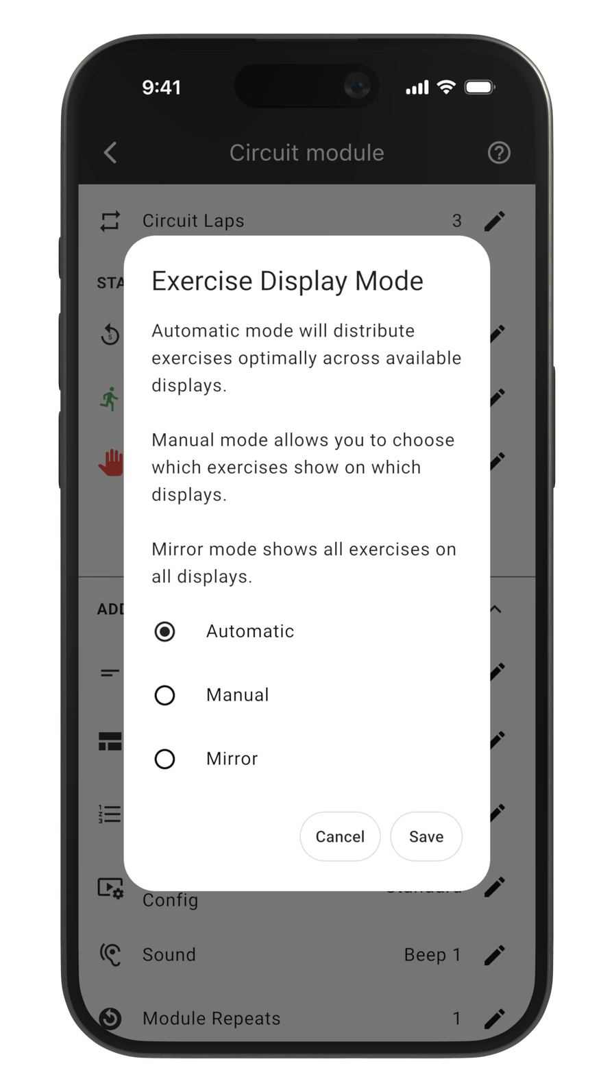 Exercise display mode options in CloudFit