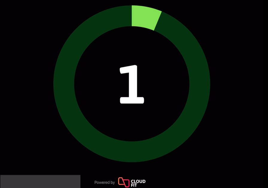 CloudFit full-screen timer display on a gym TV