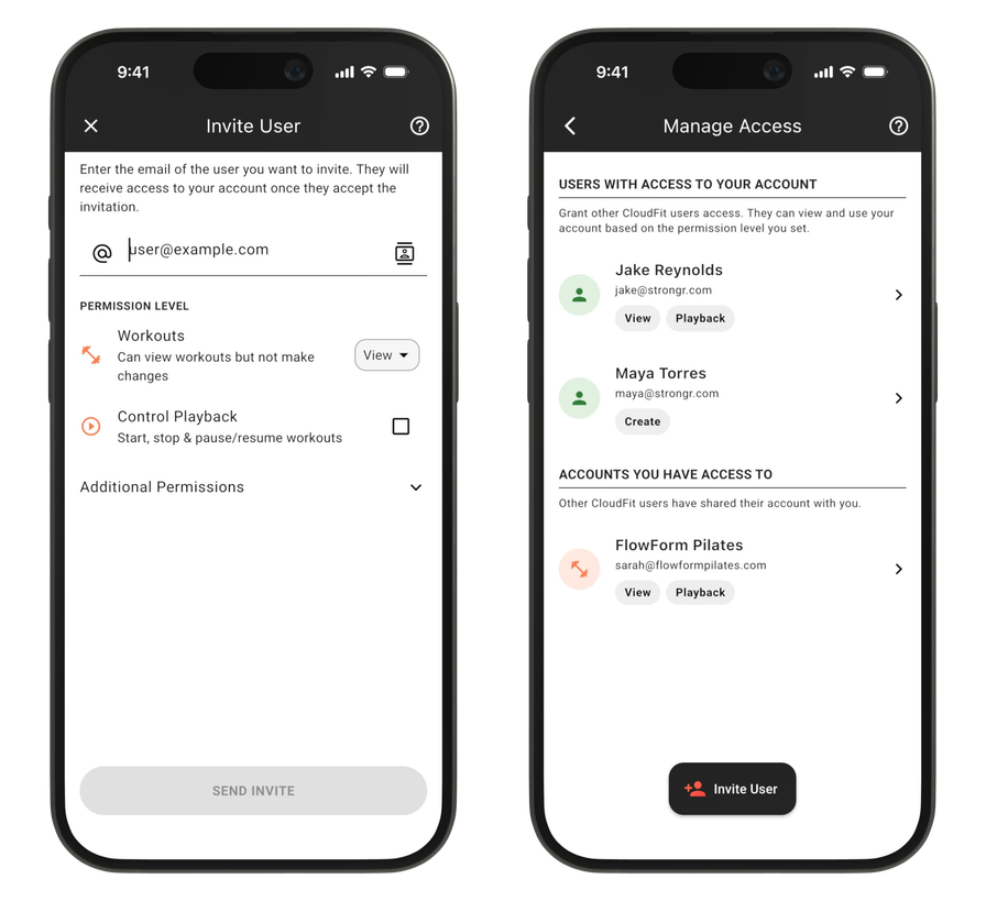 Inviting a user with permission levels and managing account access in the CloudFit app