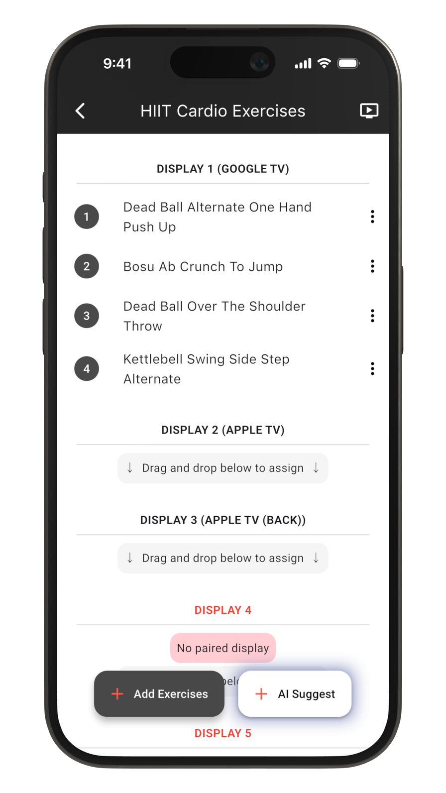 CloudFit manual mode configuration showing drag and drop exercise assignment to gym displays