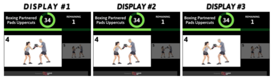 CloudFit mirror mode showing the same workout on all gym screens