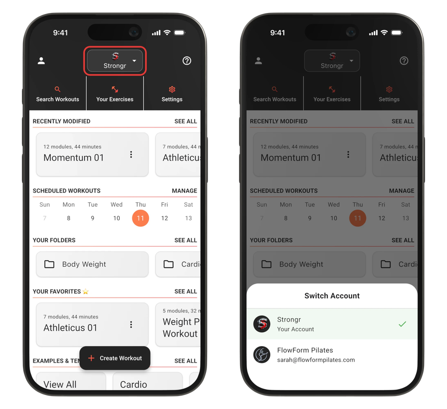 Switching between your CloudFit account and accounts shared with you using the account switcher