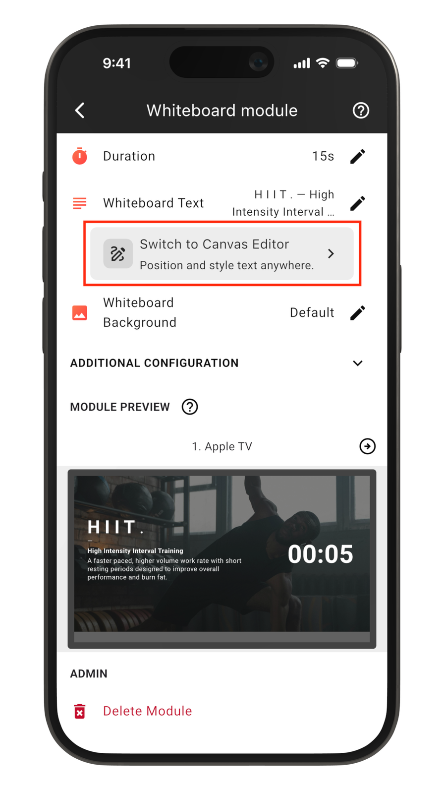 Switch to Canvas Editor action card in the CloudFit whiteboard module settings